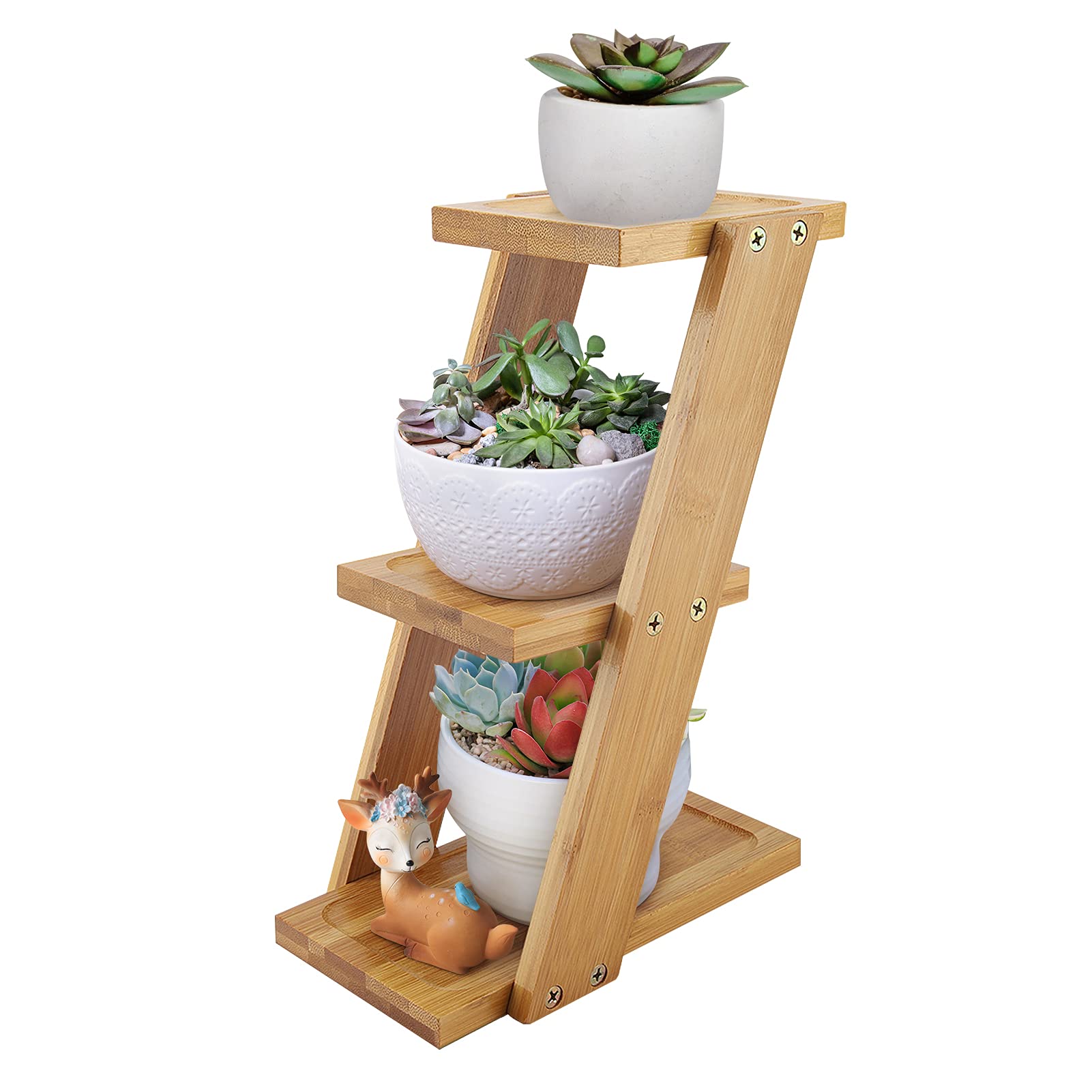 Ejoyous 3 Tier Small Potted Plant Holder, Indoor Plant Stands Bamboo Desktop Window Ledge Flower Shelf Succulent Pots Rack Display Shelf 9.8 * 7.1 * 3.6 in