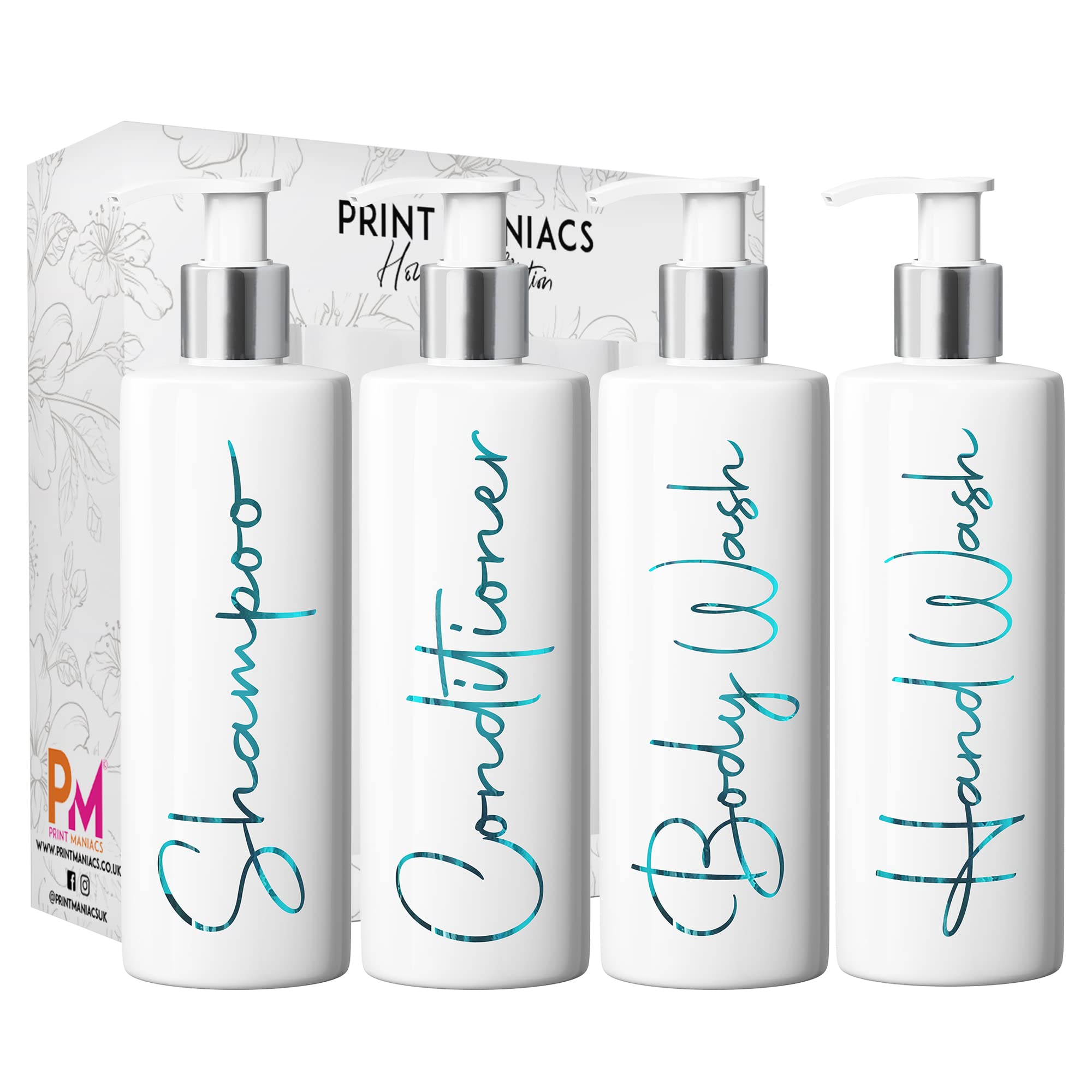 Print Maniacs White Mrs Hinch Inspired Personalised 500ml Pump Bottles Bathroom Lotion Kitchen Set Shampoo Conditioner ( Hand Wash Set , F2) (Teal)