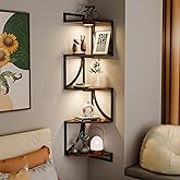 HAAYOT Corner Shelf Wall Mounted with Lights, 5-Tier Floating Metal Shelves for Living Room, Bedroom, Rustic Brown