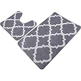 HEBE Bath Rug Set 2 Piece Non Slip Bathroom Contour Rug Combo Bath Shower Mat and U-Shaped Toilet Rug,Dark Grey