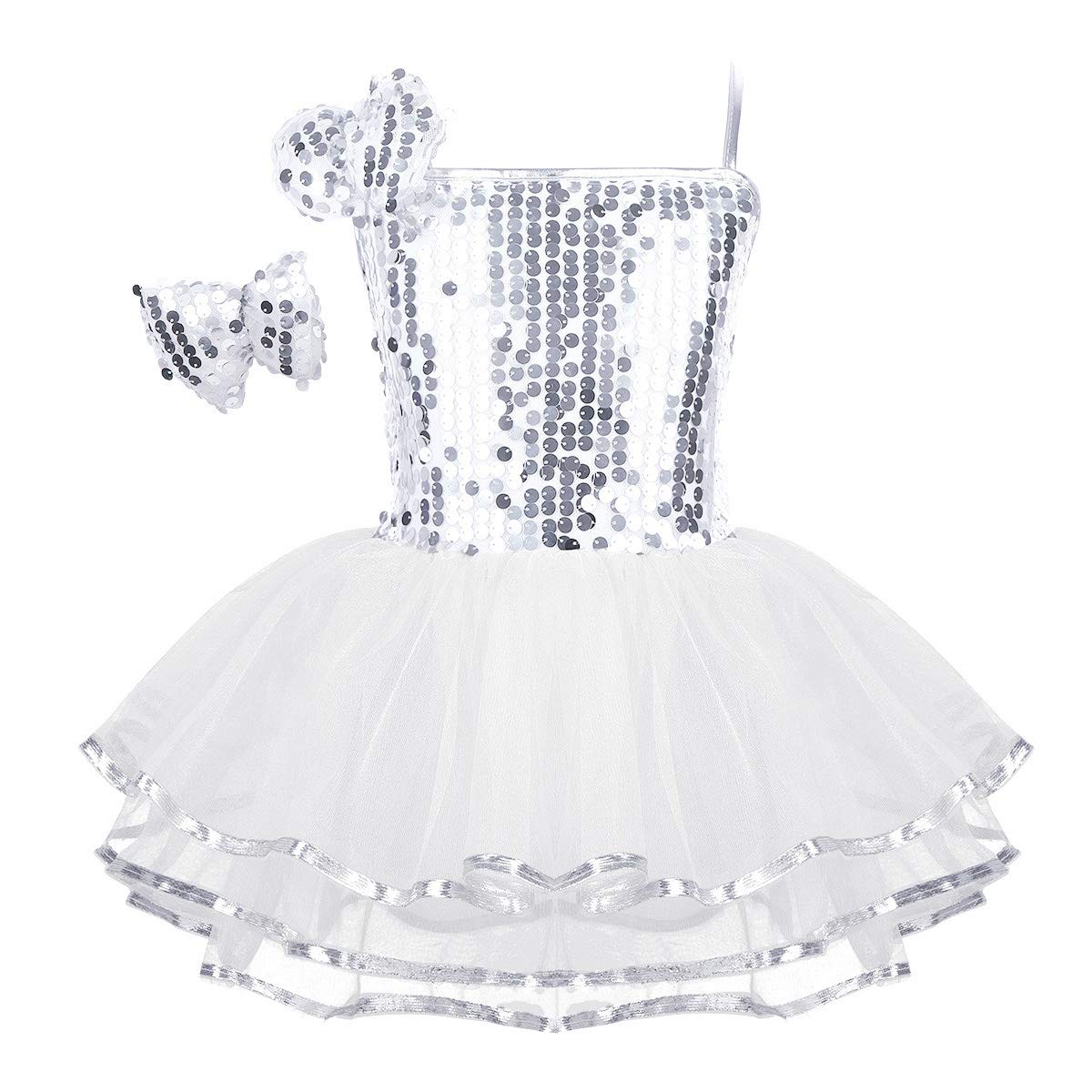 iEFiEL Kids Girls' Shiny Sequins Ballet Dance Tutu Dress Lyrical Latin Jazz Modern Dance Costume for Stage Performance White 3-4 Years