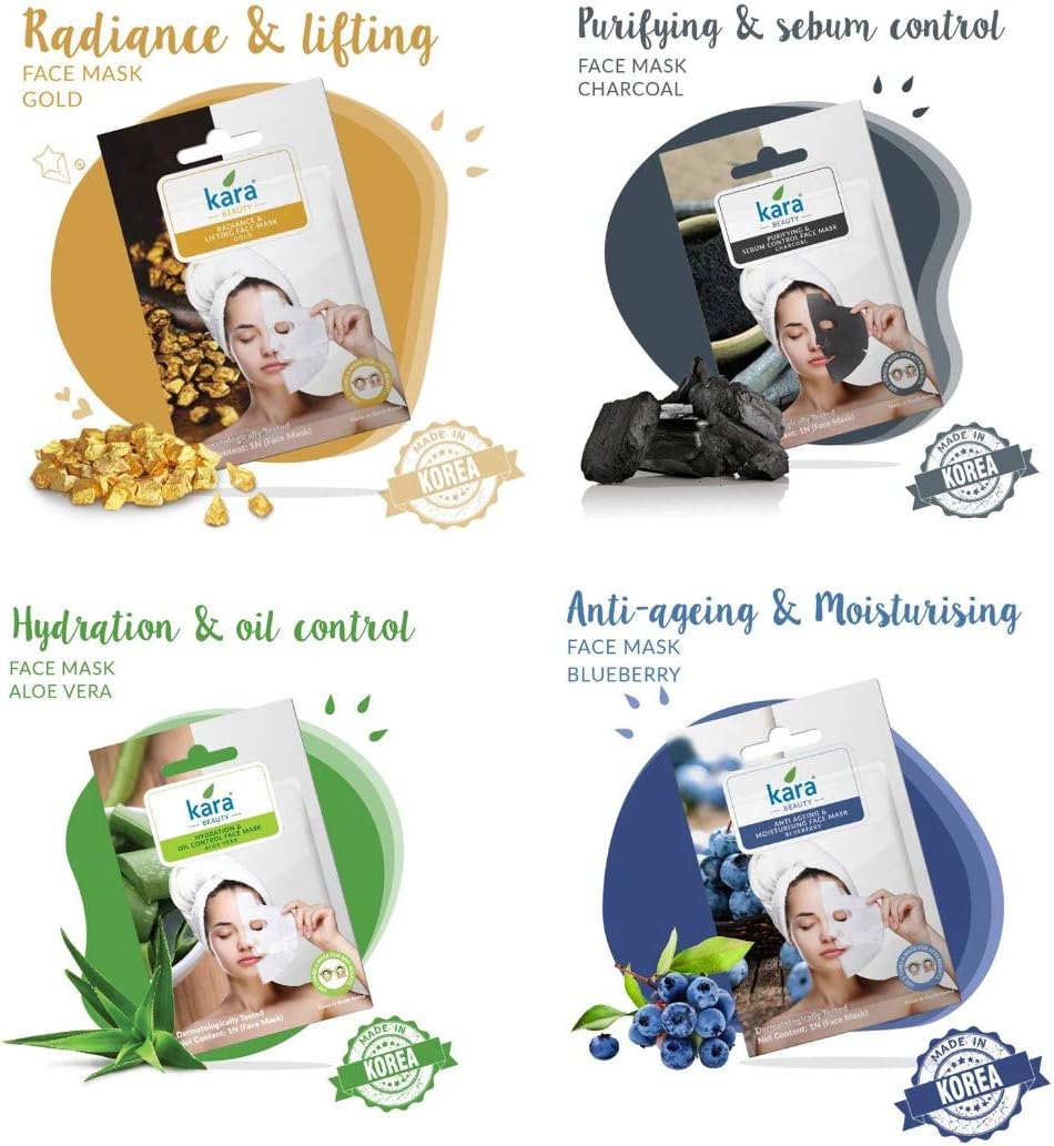 Kara Face Mask In 4 Variant Charcoal,Aloe Vera,Gold,Blueberry (Pack Of 6)