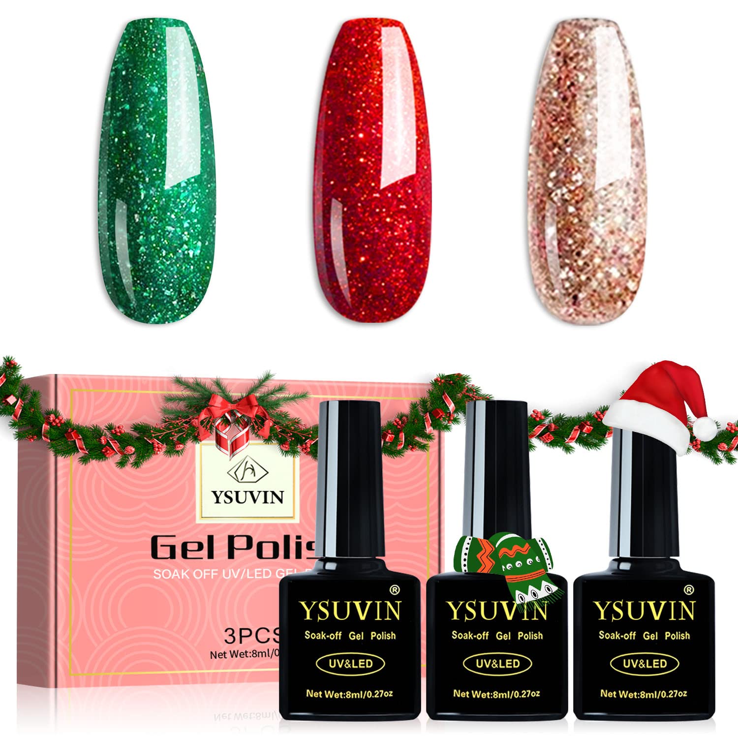 Yueshop Christmas Collection Gel Nail Polish Set 3x8ml Green Red Gold Glitter UV/LED Soak-Off Nail Art Manicure, Professional, Salon & Home Use, Long Lasting