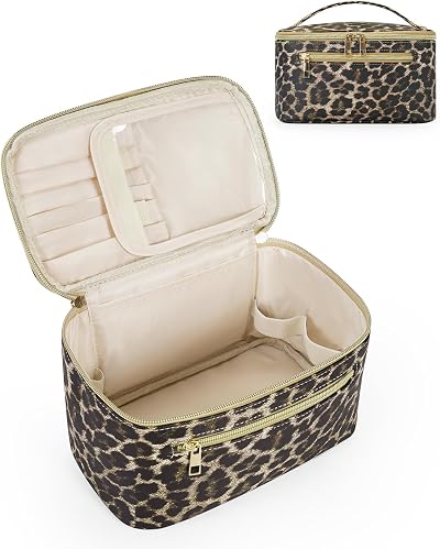 Wandering Nature Travel Makeup Bag with Brush Compartment Leopard Vegan Leather