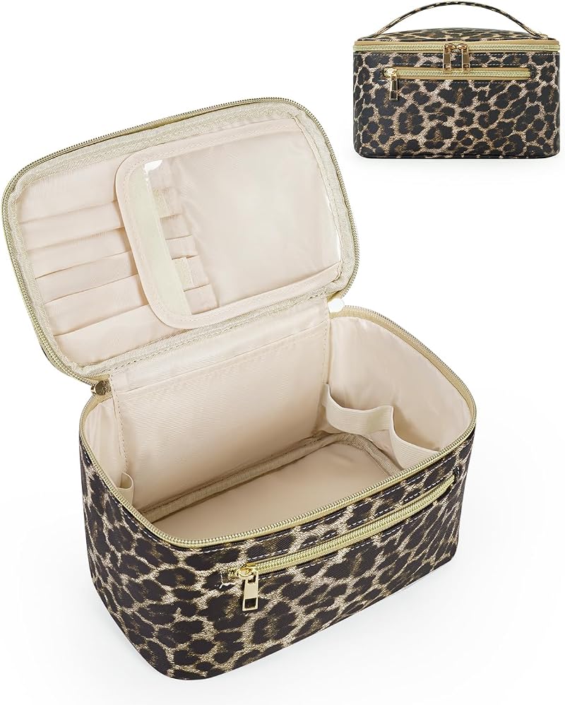 Wandering Nature Travel Makeup Bag with Brush Compartment Leopard Vegan Leather