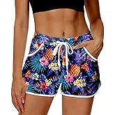 Deerose Women 4th of July Board Shorts Hawaiian Tropical Print Beach Swim Shorts with Pockets