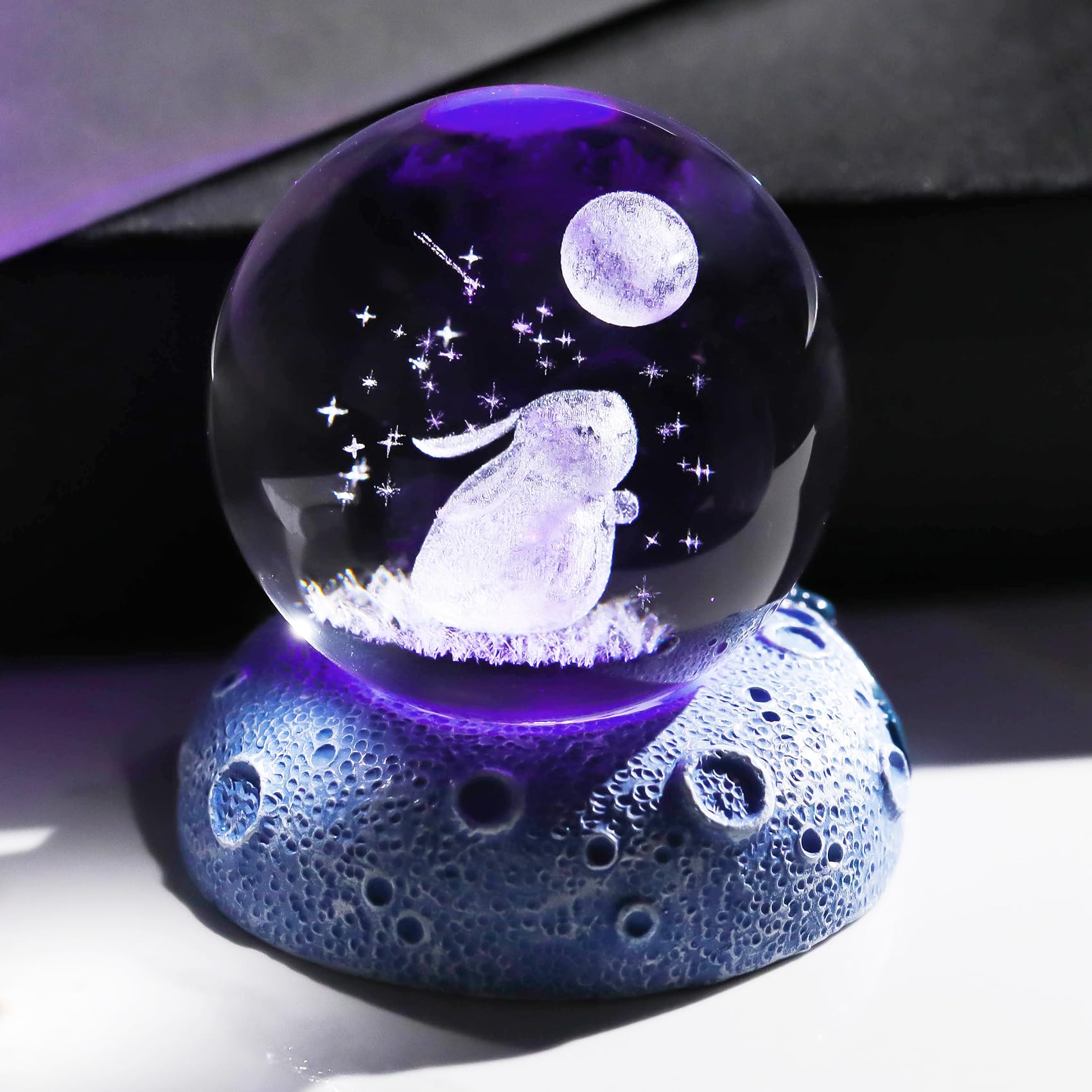 3D Crystal Ball Engraved Rabbit and Moon with Night Lights, 6cm/2.36 in. Glass Globe Figurines Gifts with Space Base for Women Daughter, Collectible Ornaments for Home Keepsake for Her Mum
