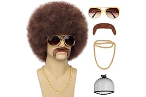 Tereshar 70S Men’s Afro Wig for Disco Party, 5pcs Set (Wig+ Elvis Glasses+ Necklace+ Mustache+ Wig Cap) Brown Mix Blonde Hippie Afro Curly Rocker Wigs for 70S 80S Costume Halloween Cosplay Use