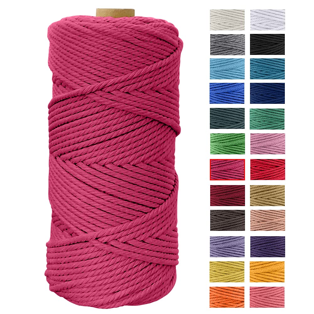 Macrame Cord 4mm x 109 Yards, JeogYong Thick Natural Cotton Cord Yarn Thread, 4-Strand Twisted Spool Twine String Cotton Rope for DIY Crafts, Wall Hangings, Plant Hangers, Home Decorations (Rose red)