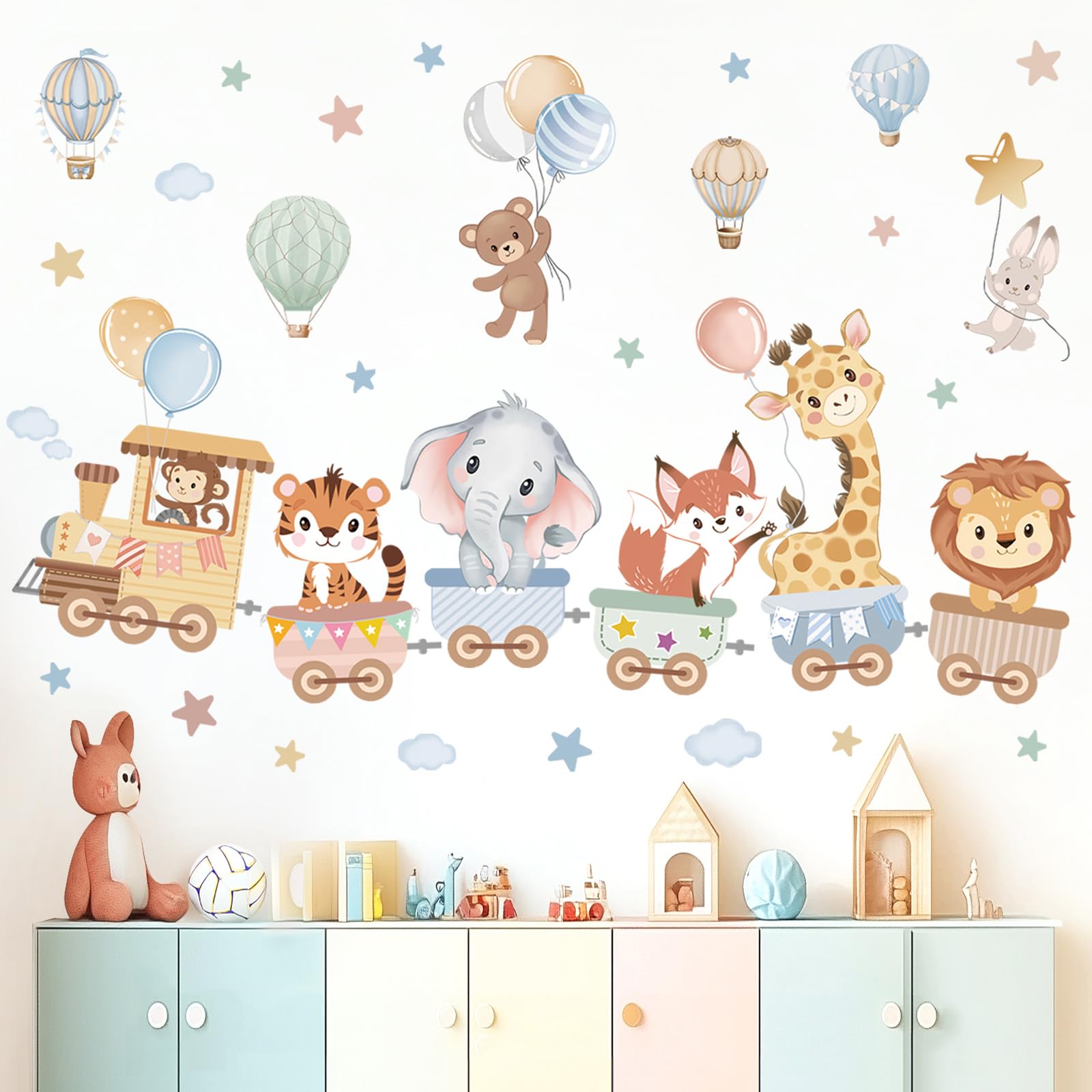 wondever Jungle Animals Train Wall Stickers Hot Air Balloon Animals Elephant Giraffe Peel and Stick Wall Art Decals for Baby Nursery Kids Room Toddler Room