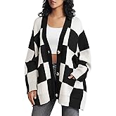 Saodimallsu Womens Checkered Sweater Color Block Plaid Oversized Cardigan Long Sleeve V Neck Button Down Knit Coats