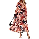 PRETTYGARDEN Womens Spring Dress 2026 Casual Long Sleeve Button Down Belted Boho Floral Flowy Maxi Wedding Guest Dresses