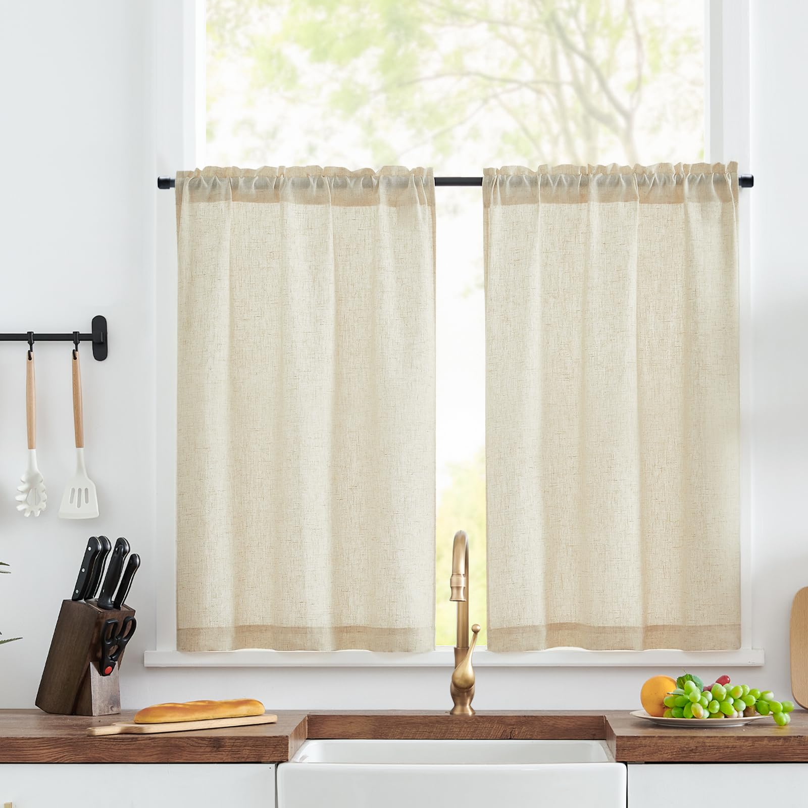 TOPICK Linen Blend Kitchen Curtains, 36 Inch Drop Small Cafe Curtains, Solid Pattern Light Filtering Short Curtain Tiers for Bathroom Sink Cupboard, Rod Pocket 2 Panels Crude