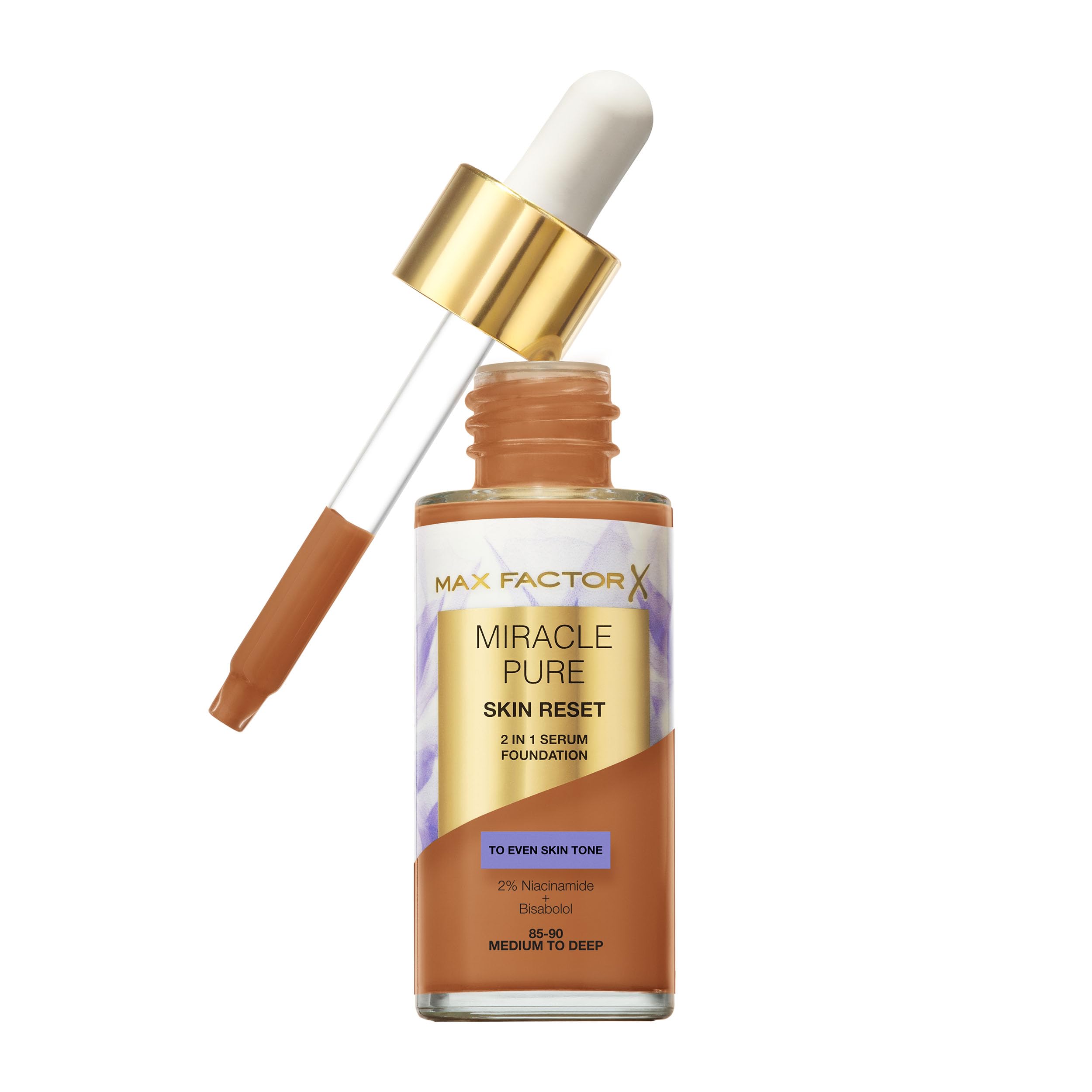 Max Factor Miracle Pure Skin Reset Serum Foundation 85-90 Medium to Deep, 2-in-1 Serum Formula, Healthy Looking Skin, Medium Coverage, Satin Matte Finish, 2% Niacinamide, Dermatologically Tested