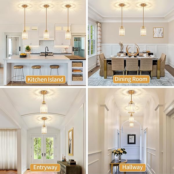 3 PACK BRUSHED GOLD PENDANT LIGHTS KITCHEN ISLAND, MODERN CRYSTAL PENDANT LIGHTING OVER ISLAND KITCHEN LIGHT FIXTURES HALLWAY CEILING LIGHTS ADJUSTABLE HANGING PENDANT LIGHT FOR BATHROOM FOYER