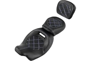 XFMT Motorcycle Low Profile Two-Piece 2-Up Driver Passenger Seat W/Sissy Bar Backrest Pad For Harley Touring Road King Street Glide Road Glide Electra Glide CVO 2009-2023, Blue Stitching