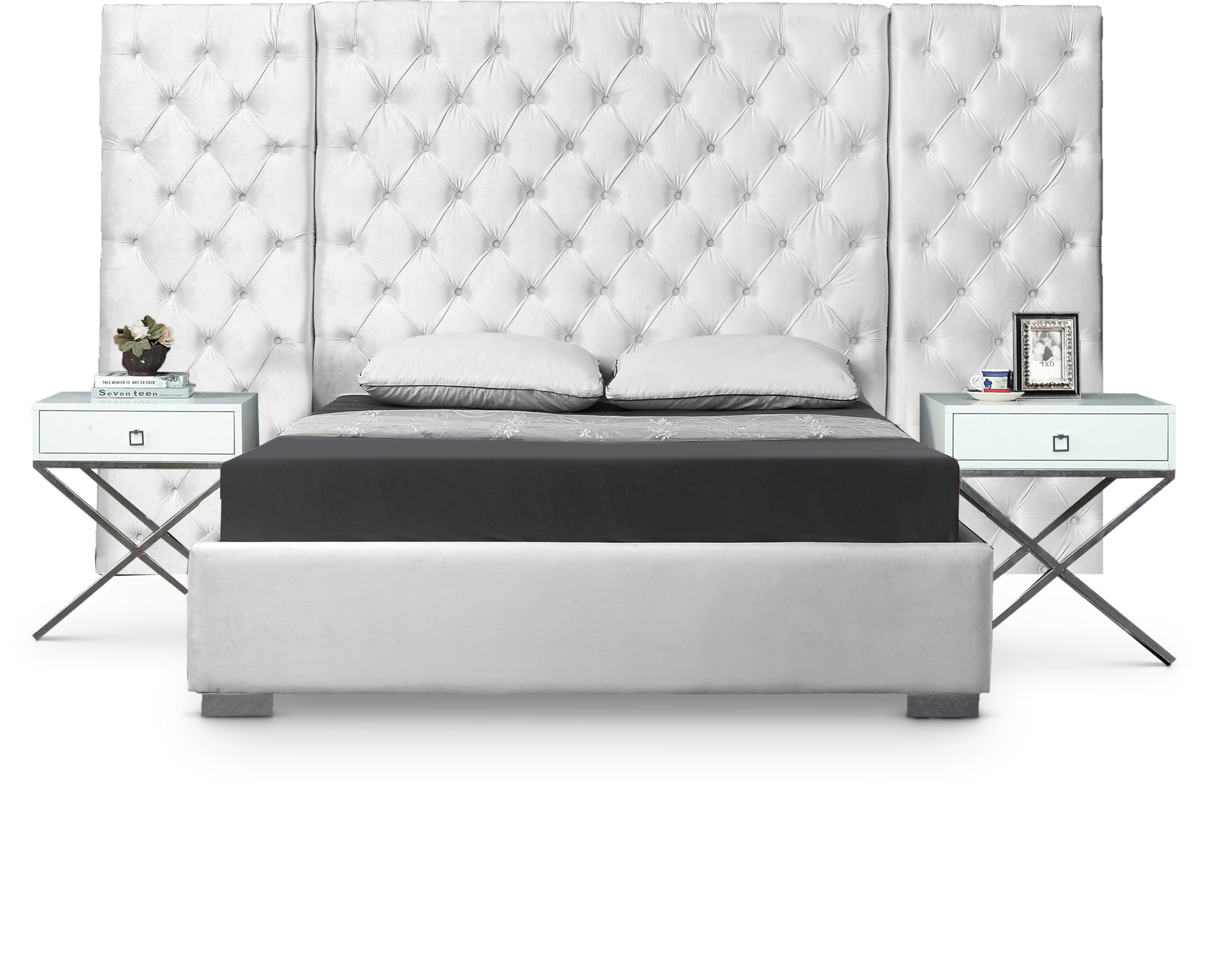 Photo 1 of **BOX 2OF3, SEE CLERK NOTES**Meridian Furniture Grande Collection Modern | Contemporary Velvet Upholstered Bed with Luxurious Deep Button Tufting and Stainless Steel Legs in Polished Chrome Finish, White, Queen