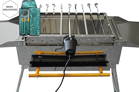 Familien Grill Mangal Schaschlikgrill, incl. 14 Spieße + Spießdreher 230V/1,5V und 9 Grillspieße