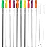 HuaQi Stainless Steel Metal Straws with Silicone Tips Set of 10 Straight Reusable Drinking Straws for Yeti 20oz 30oz Tumblers (10.5'' L 0.24''Dia Straws+ 2 Brushes)