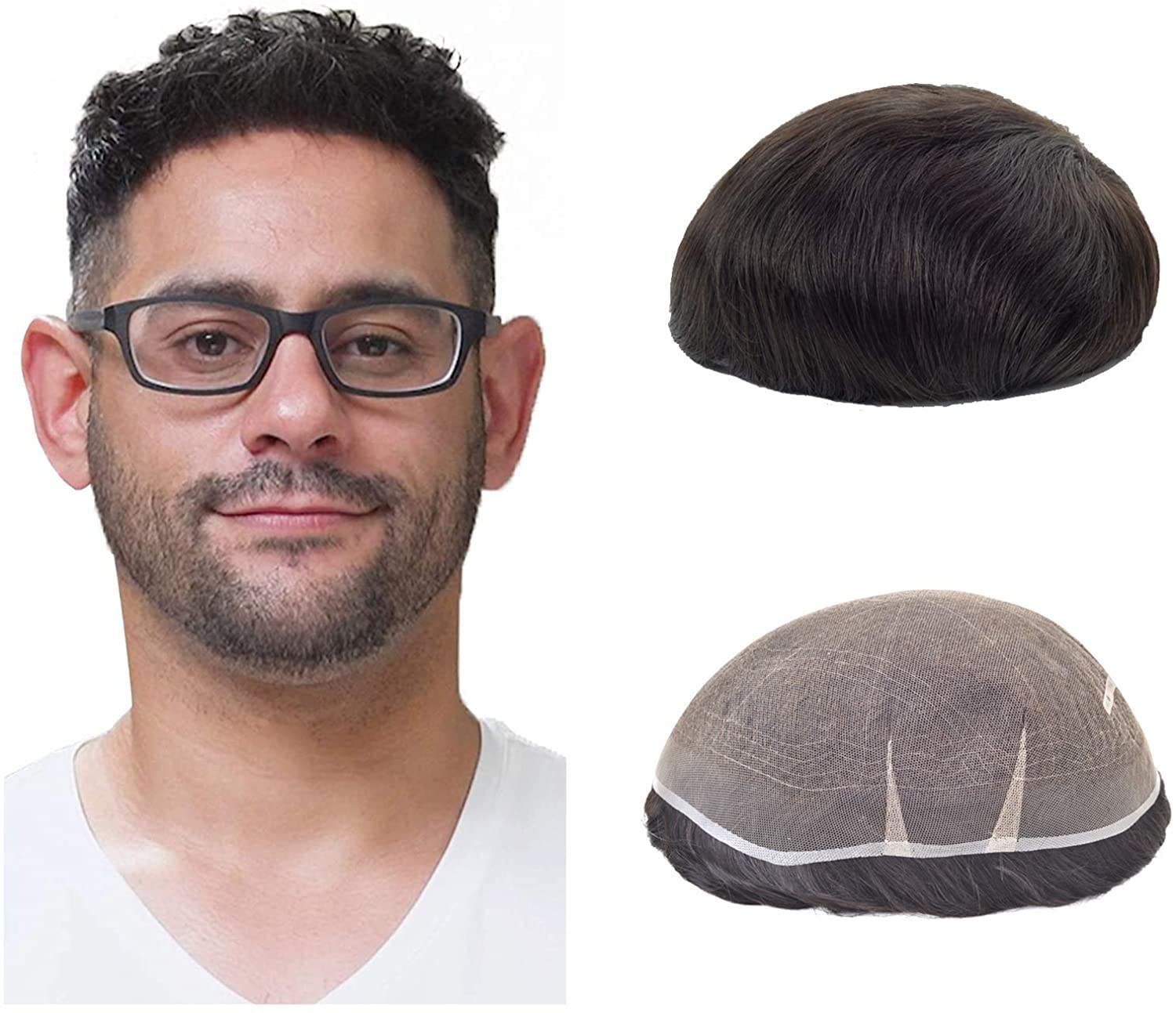 Lordhair Men's Toupee Full French Lace Hair Replacement System, Base Size 8x10 Inch Light Medium Density Hairpiece for Hair Loss Men