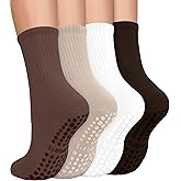 yeuG 4 Pairs Non Slip Pilates Socks with Grips for Women, Crew Grip Socks for Yoga, Barre, Hospital, Barefoot Workout