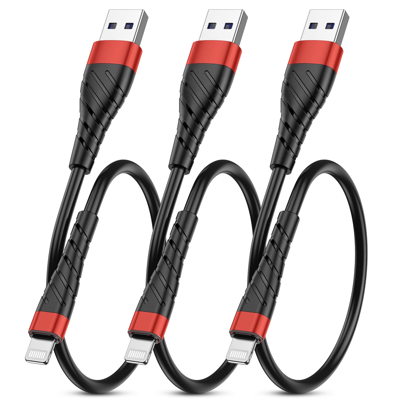 OIITH for Apple MFi Certified Short iPhone Charger Cable 3 Pack 1 Ft, 12 inch Lightning Charging Cord, Fast 2.4A iPhone Data Cord Compatible with iPhone12/11/XS/Max/XR/X/8/8P/7P/6/iPad - Red