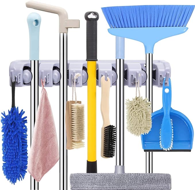 EAYIRA Mop and Broom Holder, Upgraded with Effective Strong Holding 5 Slot Position with 6 Hooks