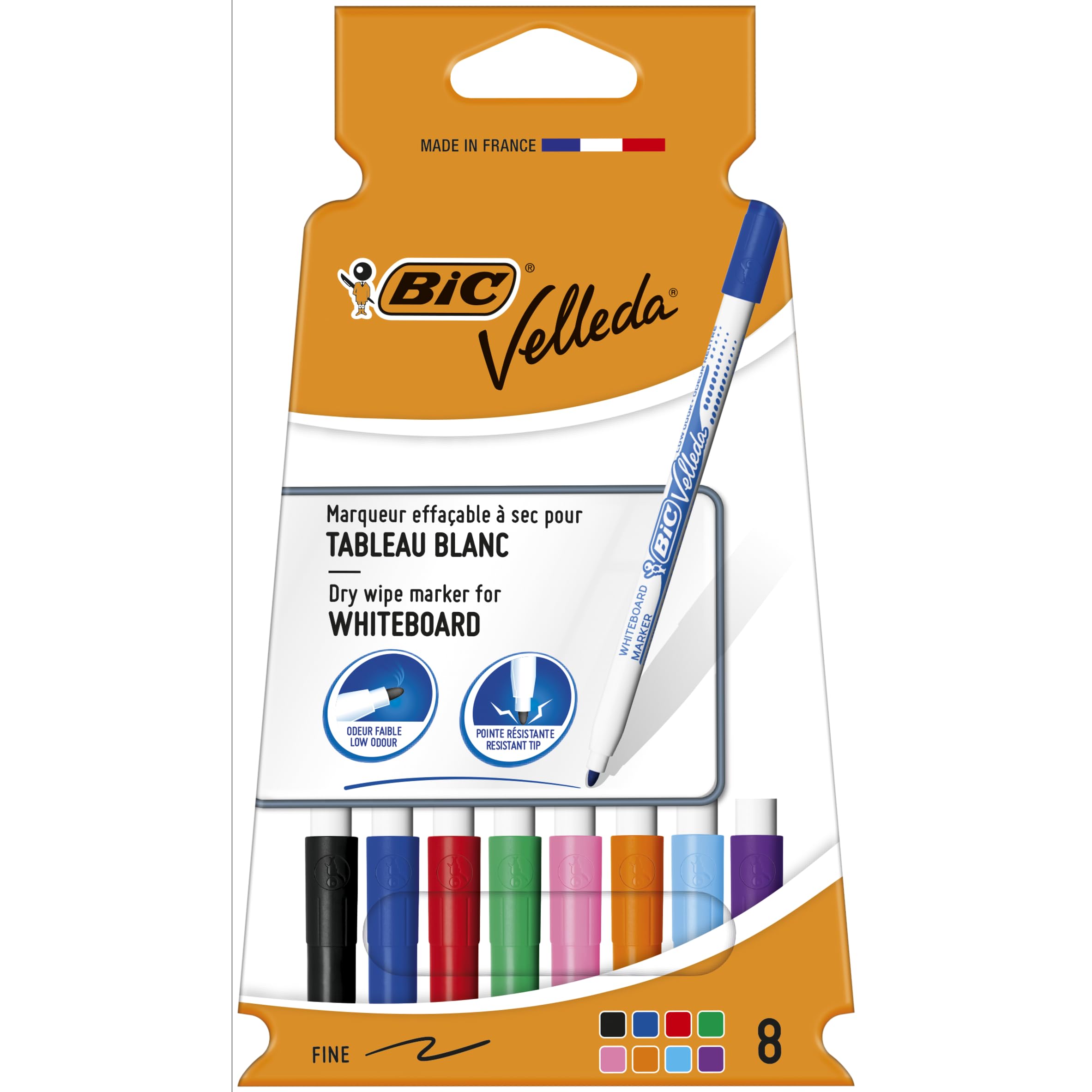 Bic Velleda 1721, Whiteboard Marker Bullet Tip, 1.5mm Line, Assorted Colours, Pack of 8