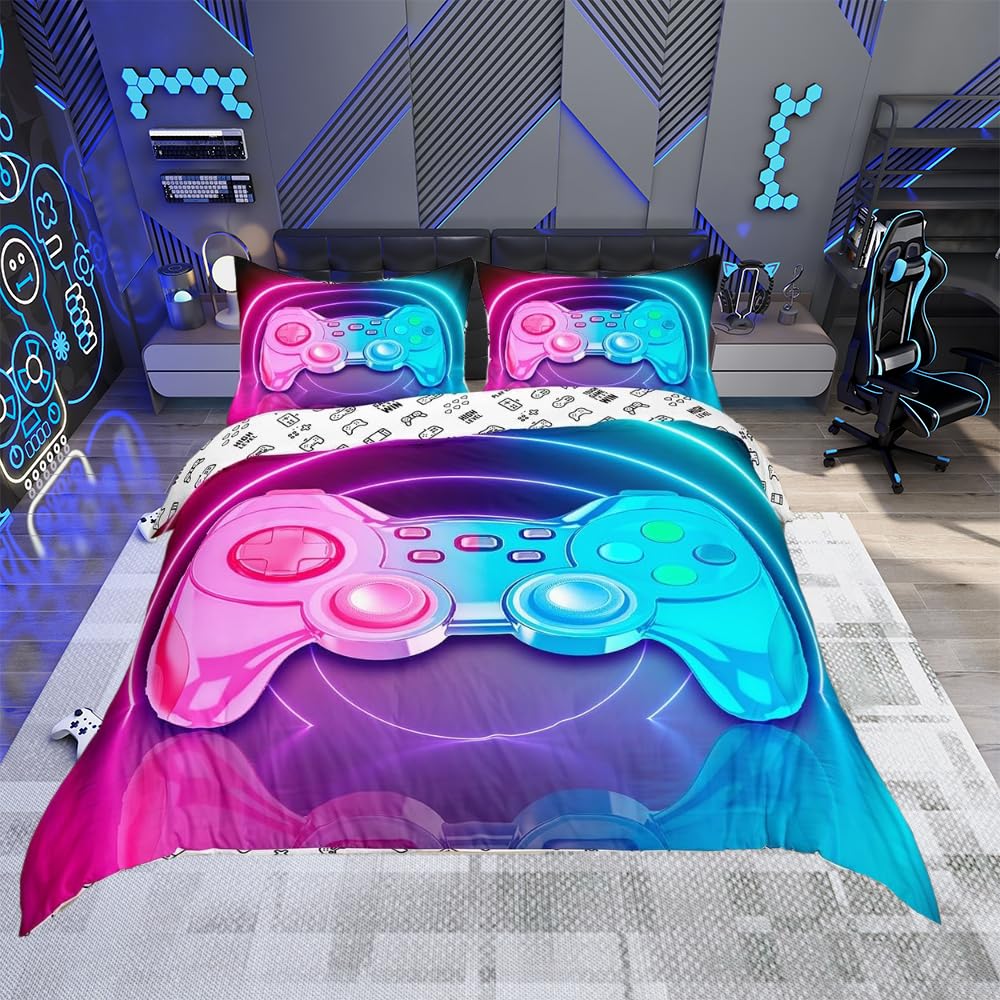 Gamepad Comforter Cover for Kids Boys Teens Modern Gamer Bedding Set Video Game Duvet Cover Colorful Action Buttons Print Bedspread Cover with Zipper Novely Decorative Room Single