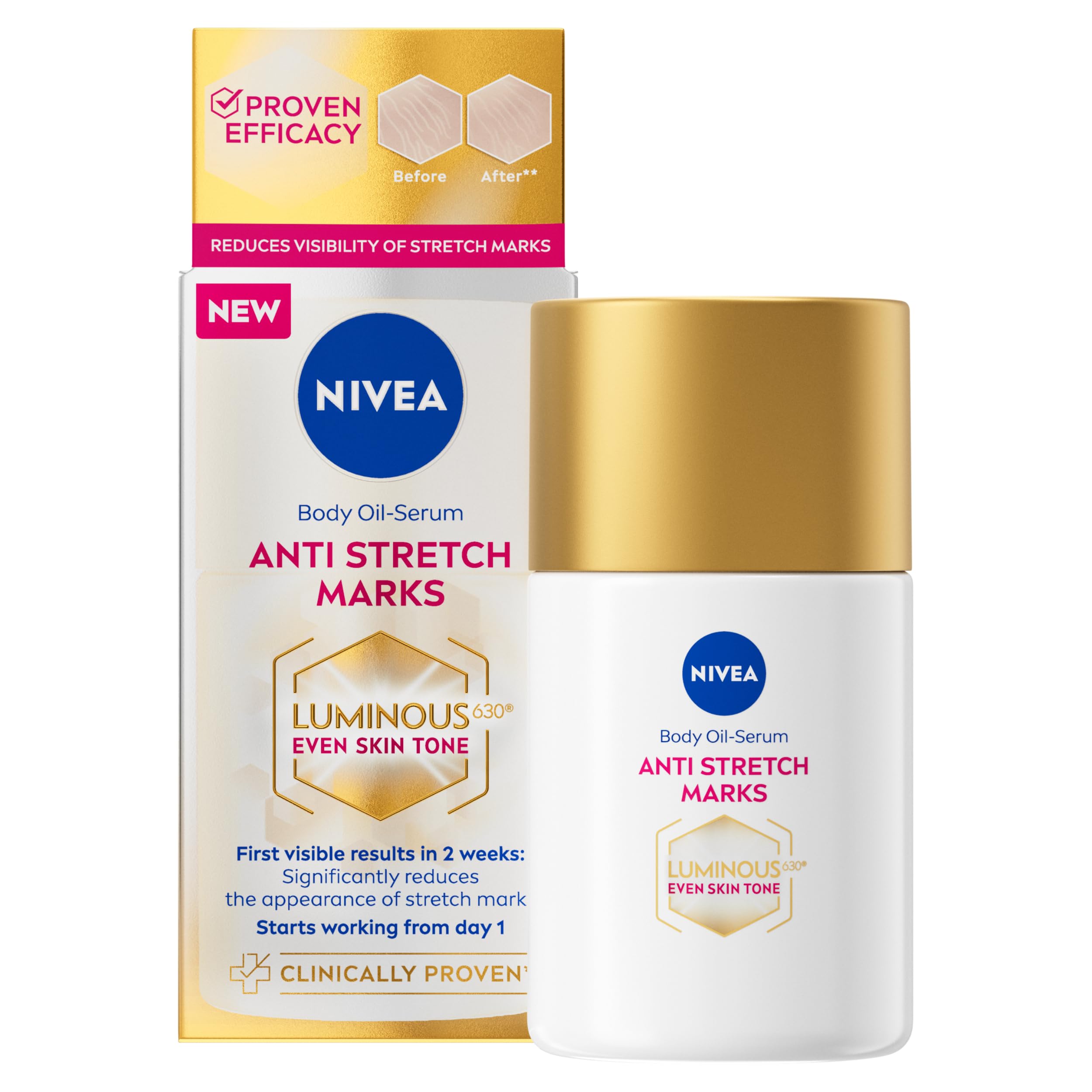 NIVEA Luminous 630 Body Oil Serum Anti Stretch Marks (100ml), Skincare Serum with Luminous 630 Visibly Reduces Stretch Marks in 2 weeks, Starts Working From Day 1, with Thiamidol