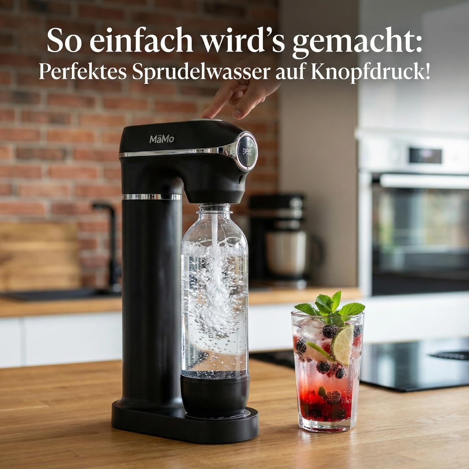 MäMo Wassersprudler Soda Maker mit Manometer - Carbonator für Sprudelwasser inkl. 1L und 0.5L BPA-freien PET-Flaschen - Automatische Druckregulierung, Ein-Knopf-Bedienung, ohne Strom, Schwarz 4