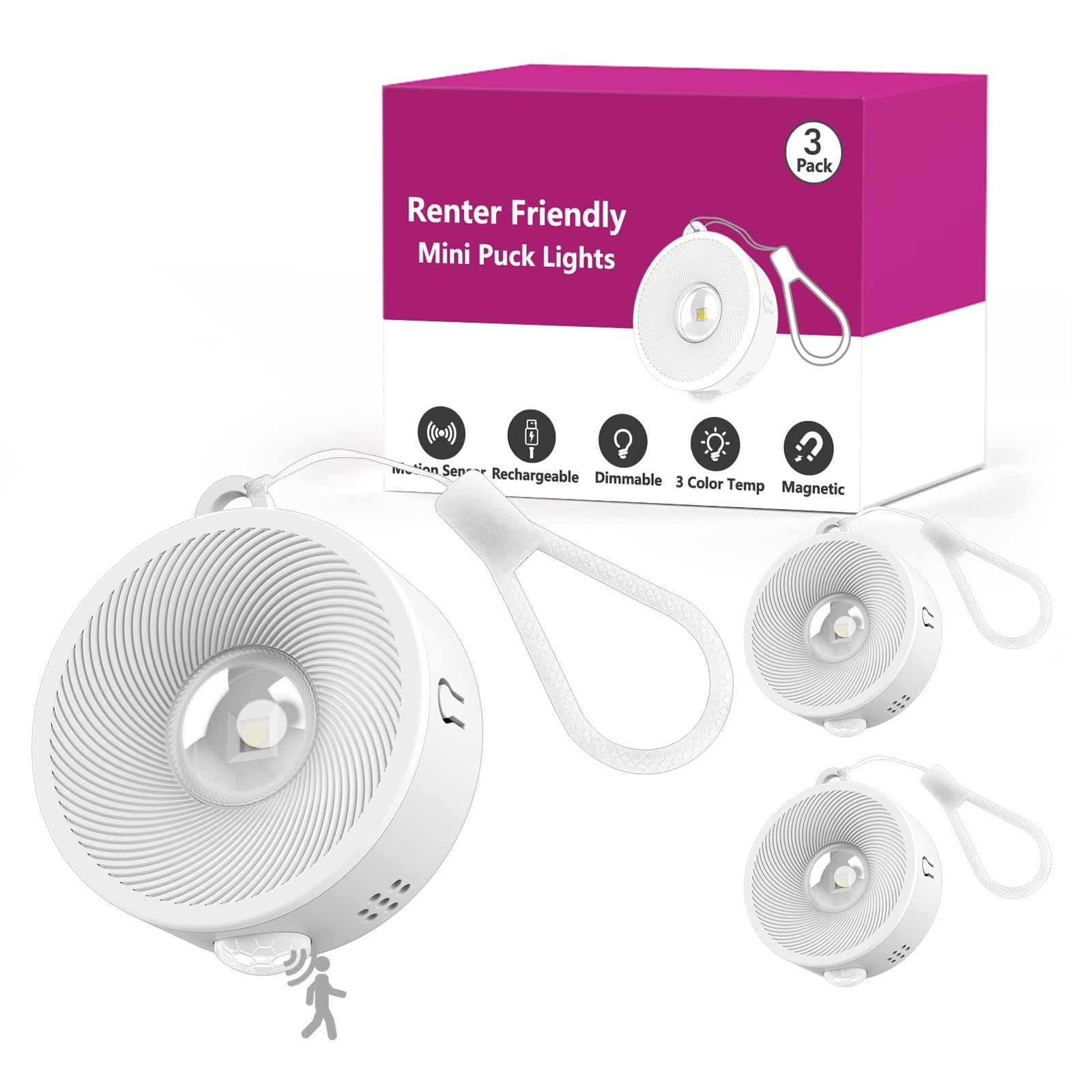 Photo 1 of 2" Rechargeable Mini Puck Lights w/Lanyard, Renter Friendly Magnetic Stick On Battery Operated Lights, Wireless Motion Sensor Light Indoor for Closet, Wall, Shelves, Kitchen, Locker - 3Pack/White