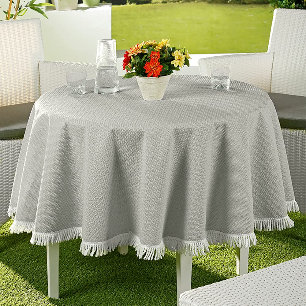 Waterproof EMHELLE Garden Tablecloth Garden Balcony Patio Tablecloth Camping Picnic Round Oval Square Outdoor and Indoor Non-Slip Surface with White Fringes (160 cm Round, Silver Grey)