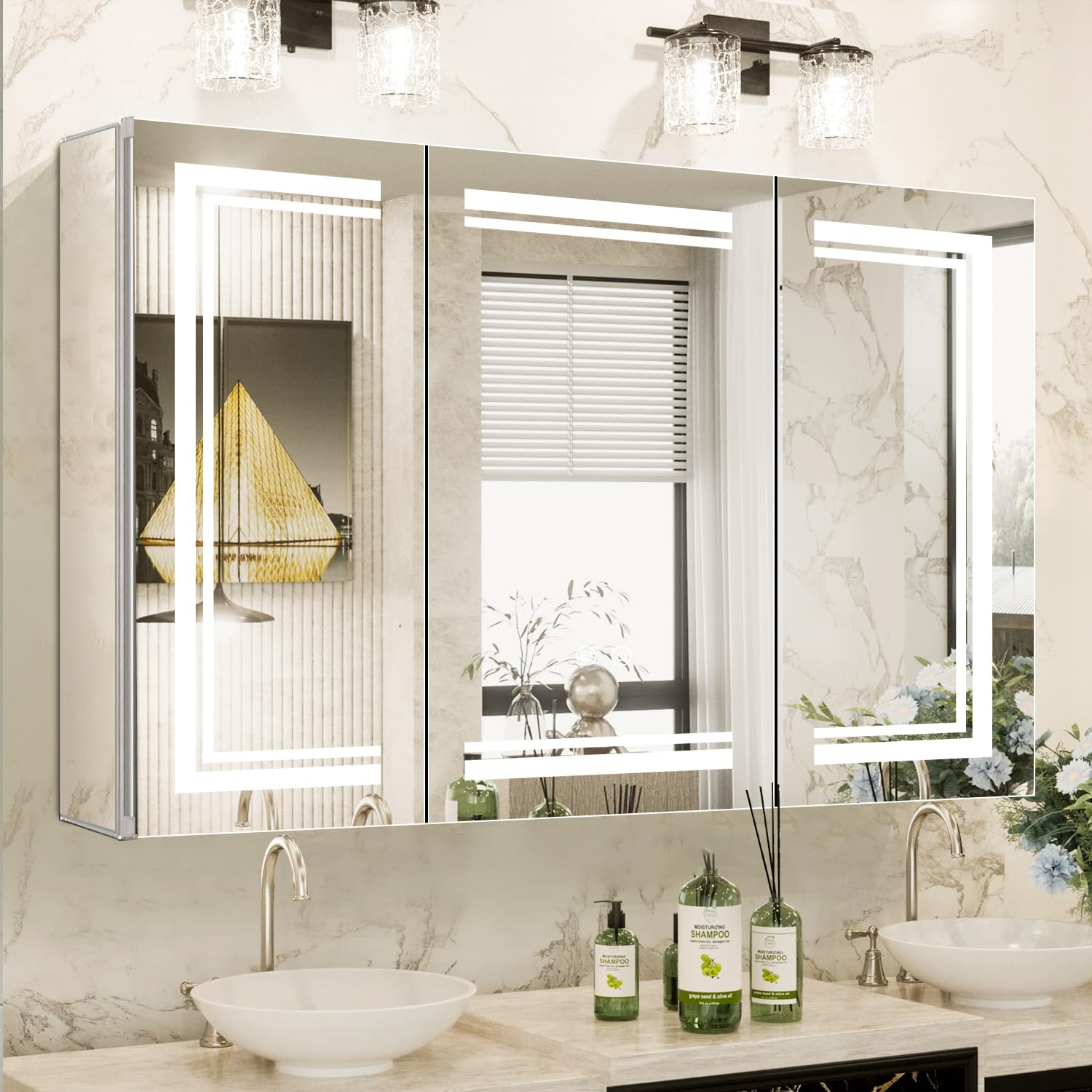 Photo 1 of Janboe High-End Led Medicine Cabinet,Lighted Medicine Cabinet,3 Colors&Dimmable,Demister,Lighted Glass Shelf,USB Shaver Socket.Surface Mount or Recess Mount,48×32inch