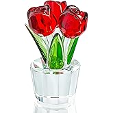 KRISININE 3.2 * 2in Handmade Crystal Red Rose Bouquet Figurine Romantic Rose Flower Gifts for Wife Mom on Birthday Wedding Anniversary