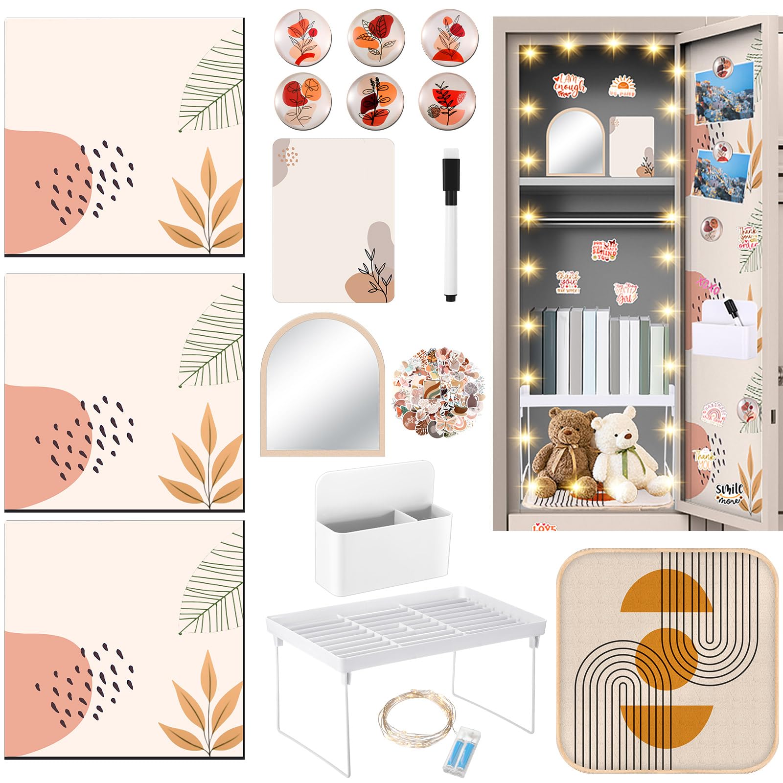 Photo 1 of CroBlissful School Locker Accessories for Girls First Day of School Essentials Locker Decoration with Magnetic Wallpaper Mirror Pen Holder Shelf Faux Fur Rug Whiteboard Marker Magnets(Boho)