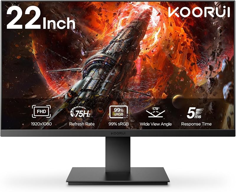 KOORUI 22 Inch FHD 1080p 75Hz Business Eye Care Monitor HDMI VGA Black