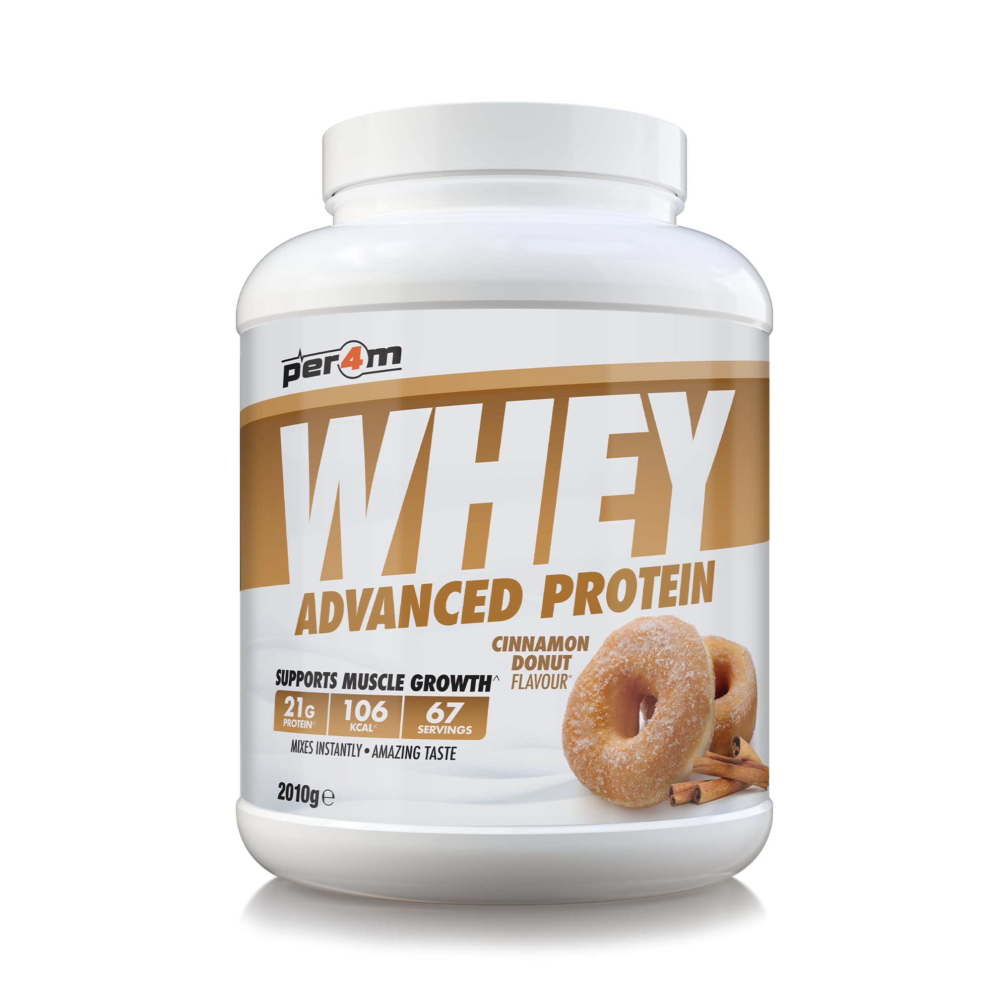 Per4m Whey Protein Powder | High Protein Shake for Muscle Growth & Recovery | Low Sugar Gym Supplement | Sports Nutrition Drink + Amino Acids (2010g, Cinnamon Donut)