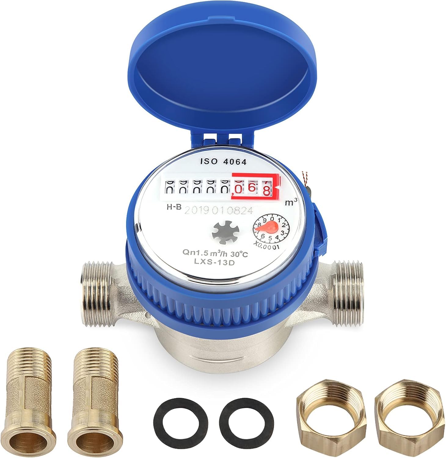 Telituny Calibrated Garden Water Meter, 1/2 Inch Water Meter, 15 mm Cold Water Meter, Water Meter with Fittings for Home, Garden, Home Use, Reliable Water Test, Metering Applications