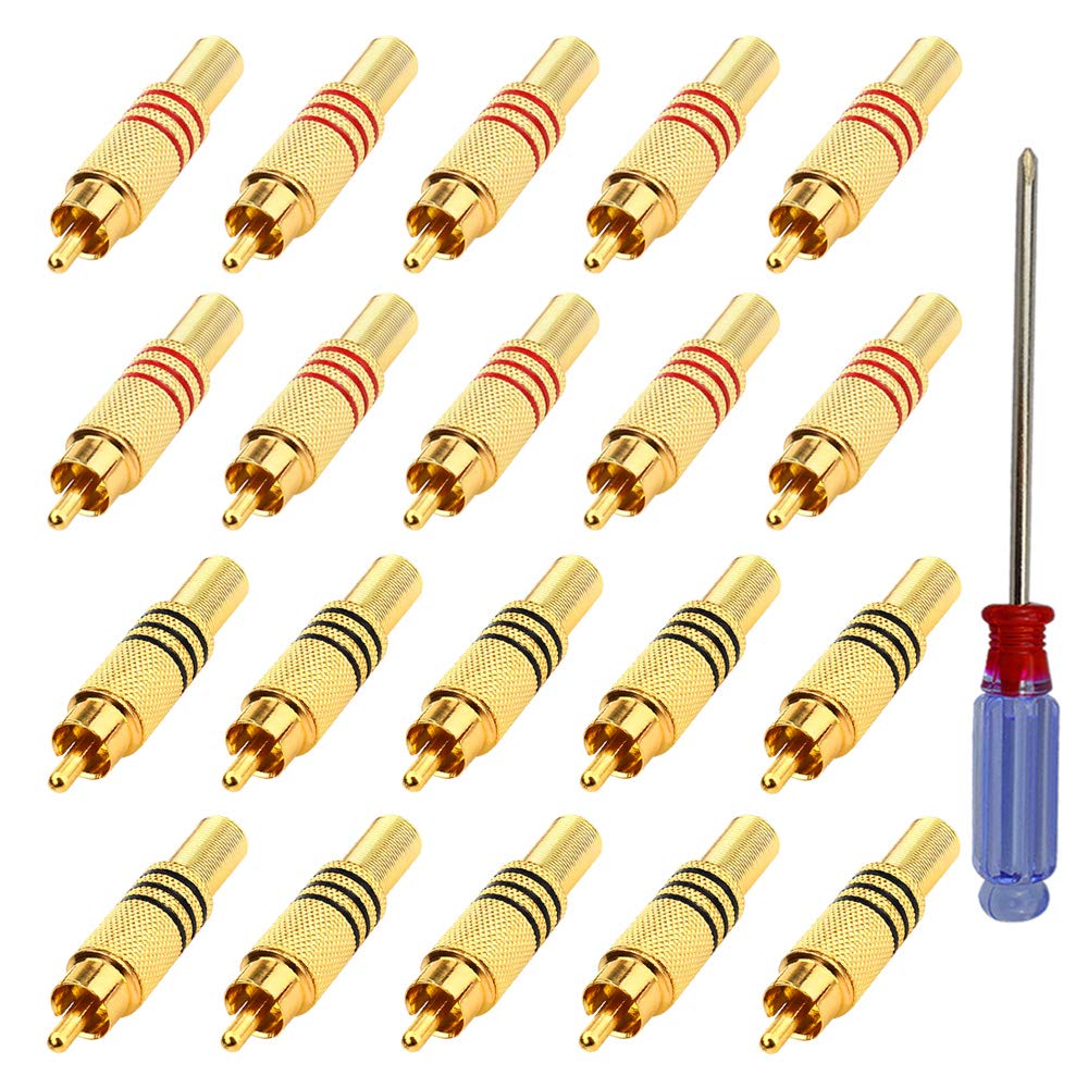 QitinDasen 20Pcs Premium RCA Male Plugs, Gold Plated RCA Plug Audio Video Connector, RCA Male Solderless Plug Screws Audio Video In-Line Jack Adapter, for Multimedia and CCTV (Red & Black Circle)