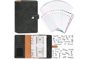 AUZESTO A6 Budget Binder, Soft PU Leather Notebook Binder Budget Planner Binder Cover with 16 Binder Pockets Cash Envelopes, 12 Expense Budget Sheets, 4 Shts Letter Sticker Labels for Bill Planner (Black)