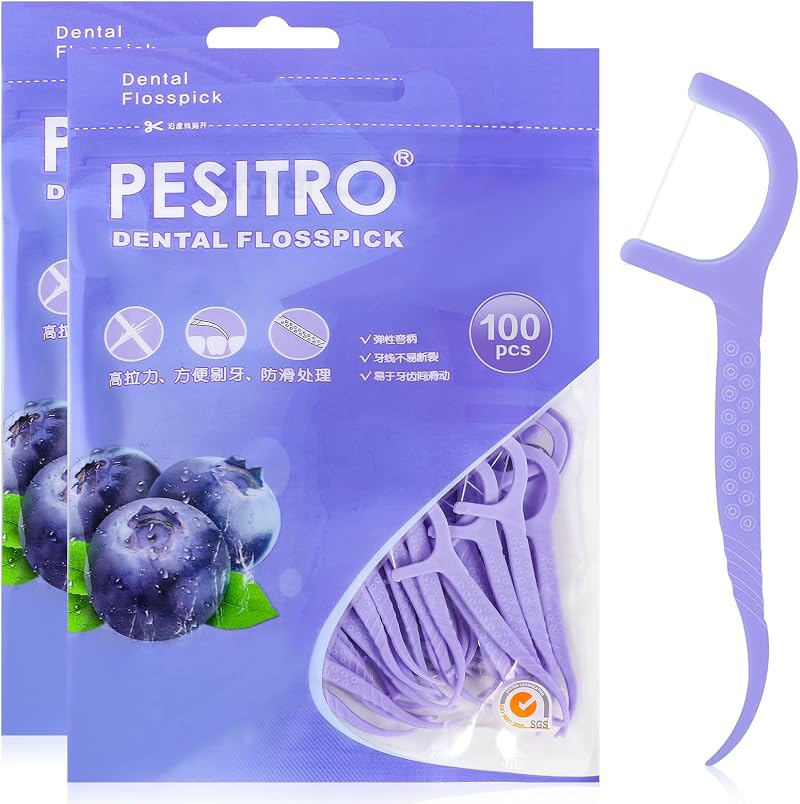 Hemiks 200 Pcs Dental Floss Floss Sticks 2 in 1 Toothpick Interdental Purple