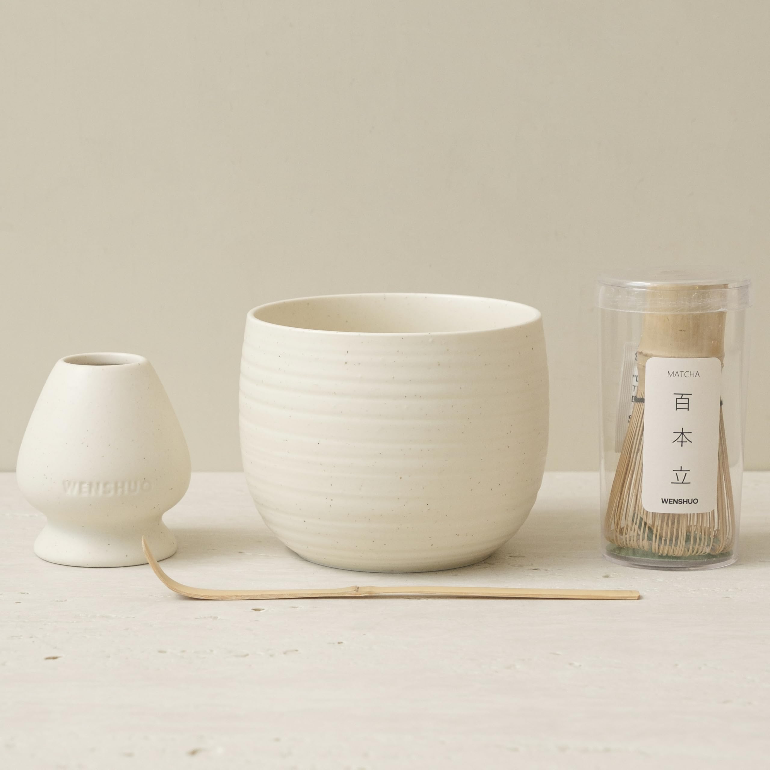 Photo 1 of ***PARTS ONLY***Matcha Whisk Set, Ceramic Matcha Bowl & Whisk Holder, Bamboo Accessory, Modern Design (Matte Crème, Traditional Bowl Design)