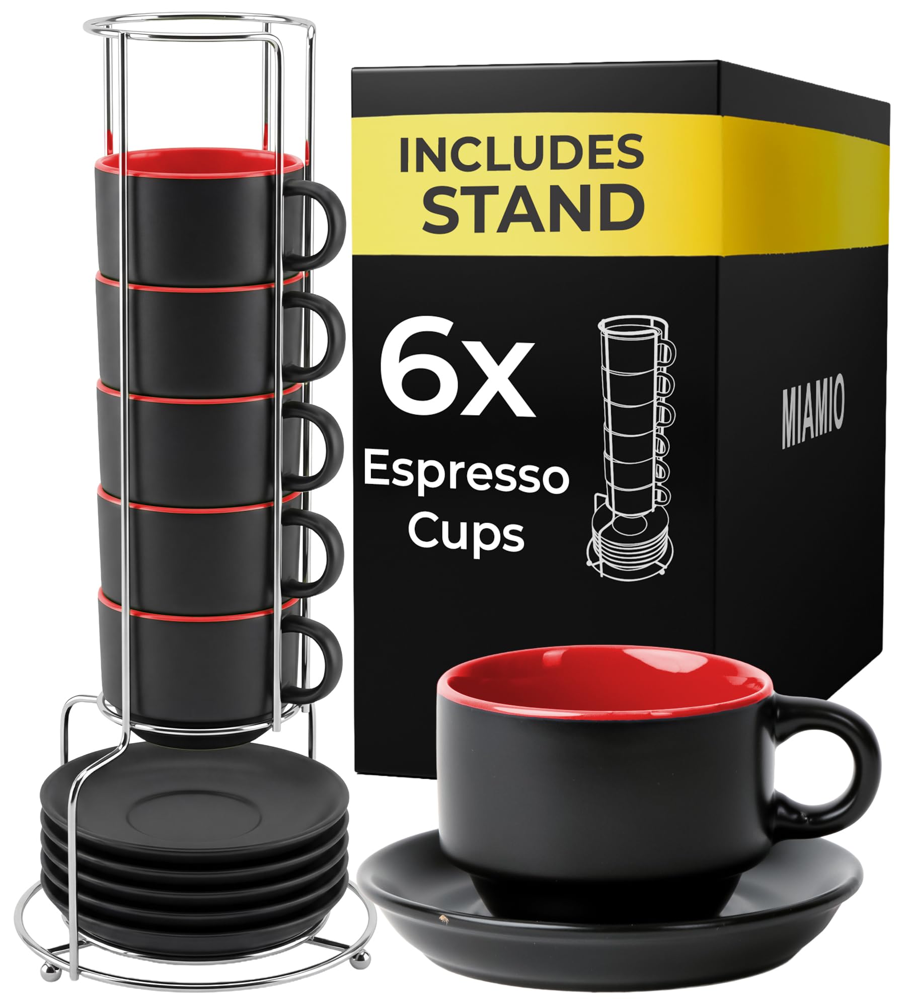 MIAMIO - 75 ml Espresso Cup Set with Saucers Coffee Mug Set of 6 - Ceramic Coffee Mug Stackable Espresso Mug with Stand for Coffee Drinks, Latte, Cafe Mocha - Le Papillon Collection (Red)