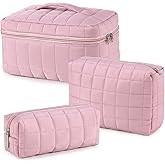 Huhumy 3 Pcs Large Puffy Makeup Bag Set Quilted Cosmetic Pouch for Women Cute Checkered Travel Toiletry Bag Puffer Makeup Organizer Purse Pouch Preppy Pencil Case with Zipper Valentine Gift(Pink)
