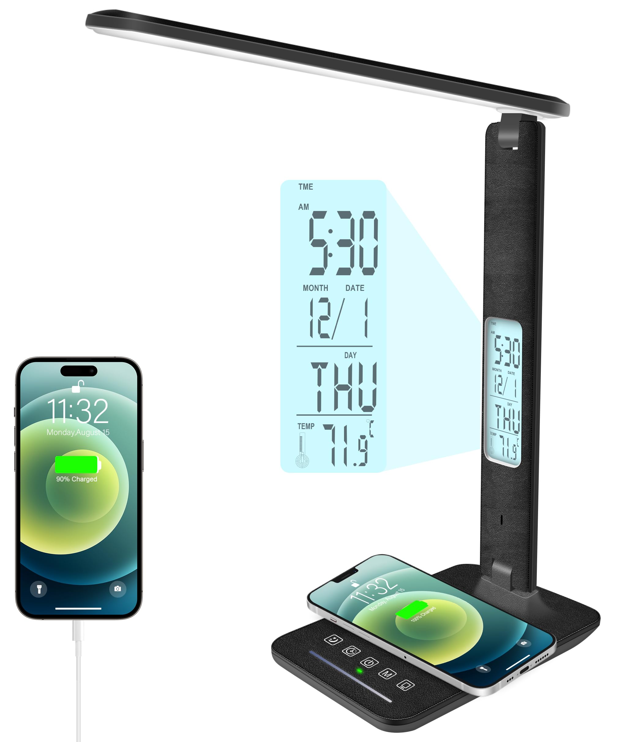 Photo 1 of Desk Lamp with Wireless Charger?USB Charging Port, Dimmable Office Desk Light with Clock, Alarm, Date, Temperature, Foldable Lamp for Table Bedroom Bedside Office (Black Pro, Standard Size-13.3 inch)