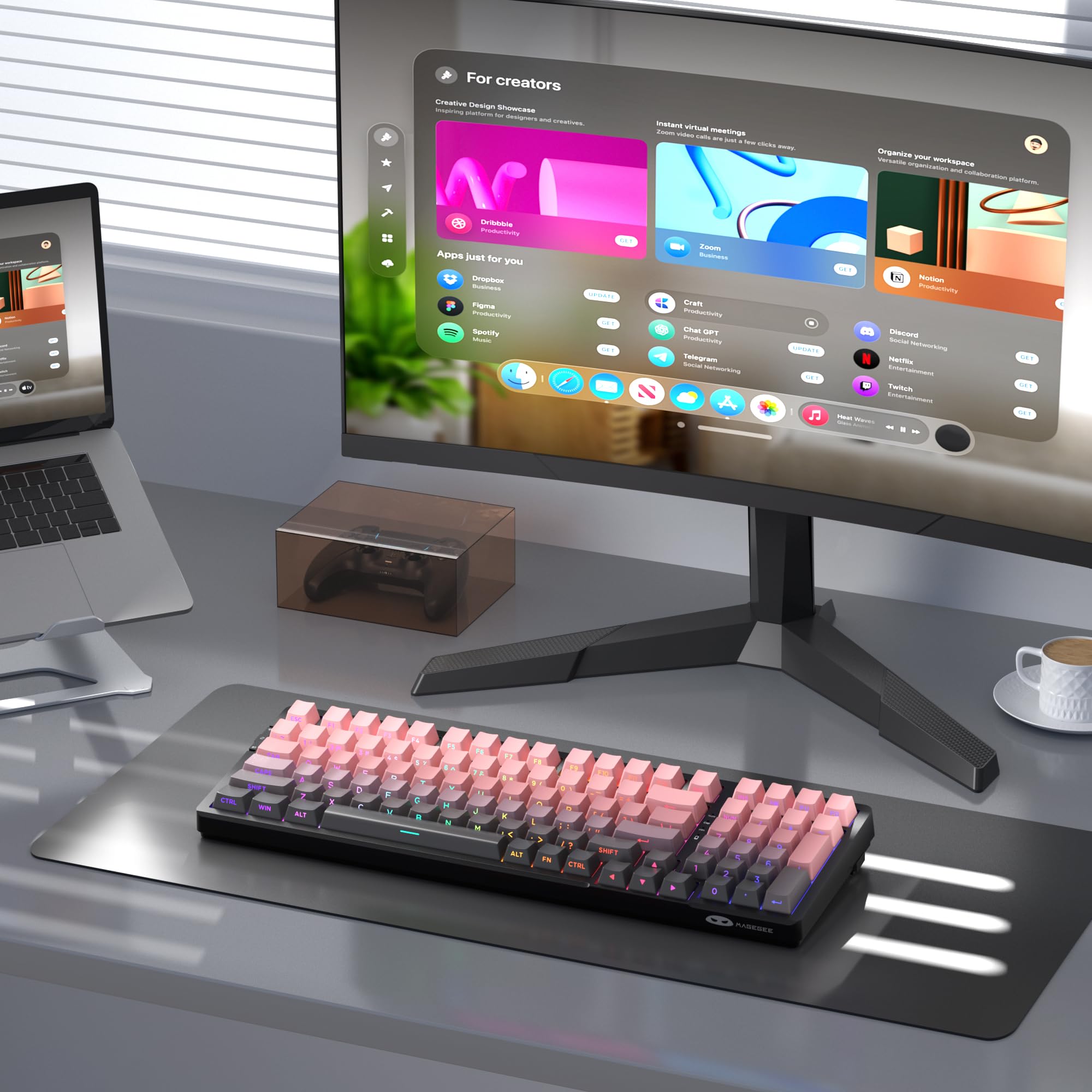 MageGee LIGHT100 Wireless Creamy Keyboard, Gasket Structure Hot Swappable, 2.4G/USB-C/BT5.0 RGB Backlit Mechanical Gaming Keyboard for Win/Mac/PC, 8000mAh Battery, Side Printed PBT Keycap, Pink