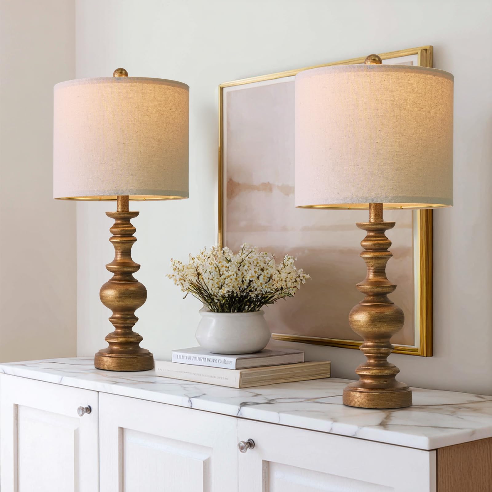 Photo 1 of BOBOMOMO 24" Traditional Lamps Set of 2 – Antique Gold Bedside Lamps with Linen Shades, Elegant Medium Farmhouse Lamps for Living Room, Bedroom, and Hallway, Ideal for Warm, Cozy Spaces