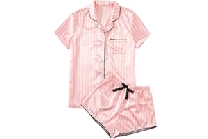 WDIRARA Women's Satin Sleepwear Short Sleeve Button Shirt and Shorts Pajama Set Silky PJ