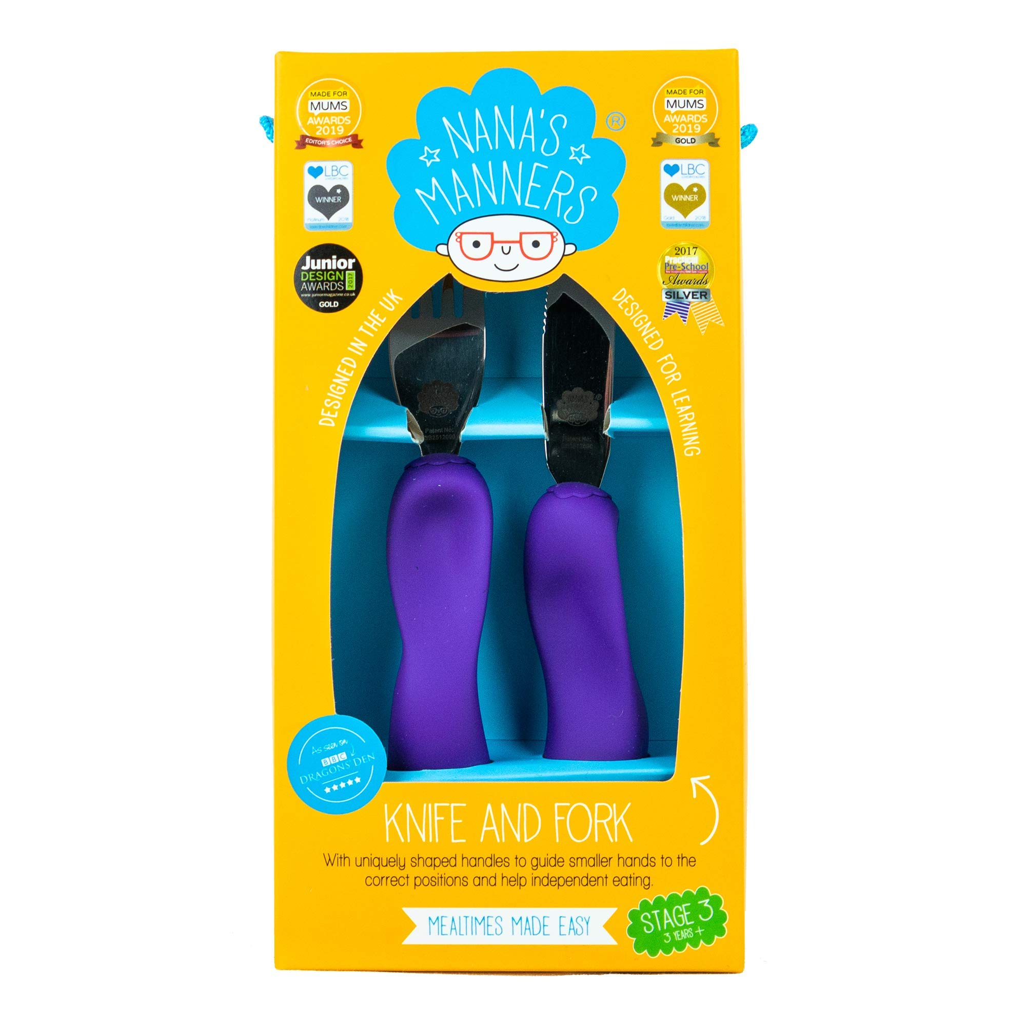Nana’s Manners - Stage 3 Cutlery Set, Childrens Knife & Fork Set, Self-Feeding Childrens Cutlery, Kids Cutlery Set for Ages 3 & Up, Easy-to-Grip Silicone Handles, Non-BPA, Purple